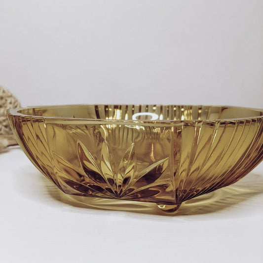Cut Amber Glass Footed Candy Dish