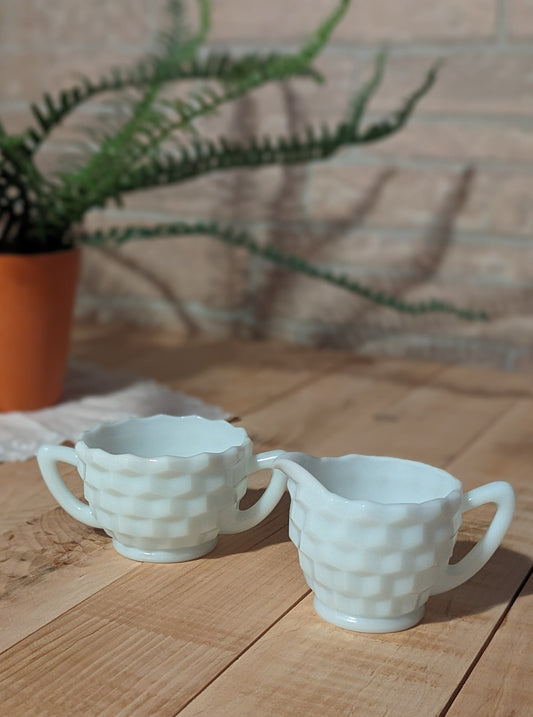 Vintage Geo Pattern Milk Glass Cream & Sugar Set