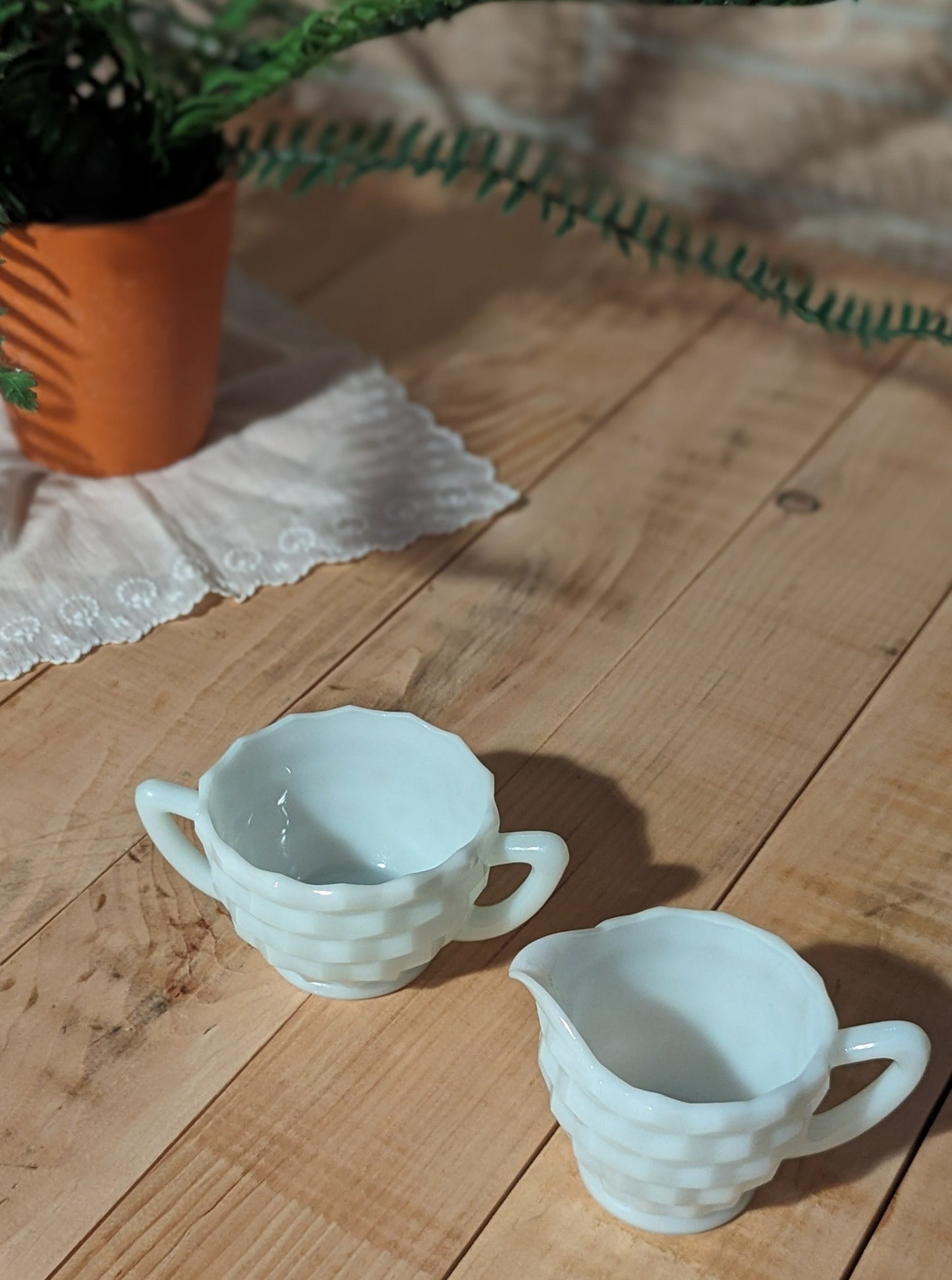 Vintage Geo Pattern Milk Glass Cream & Sugar Set