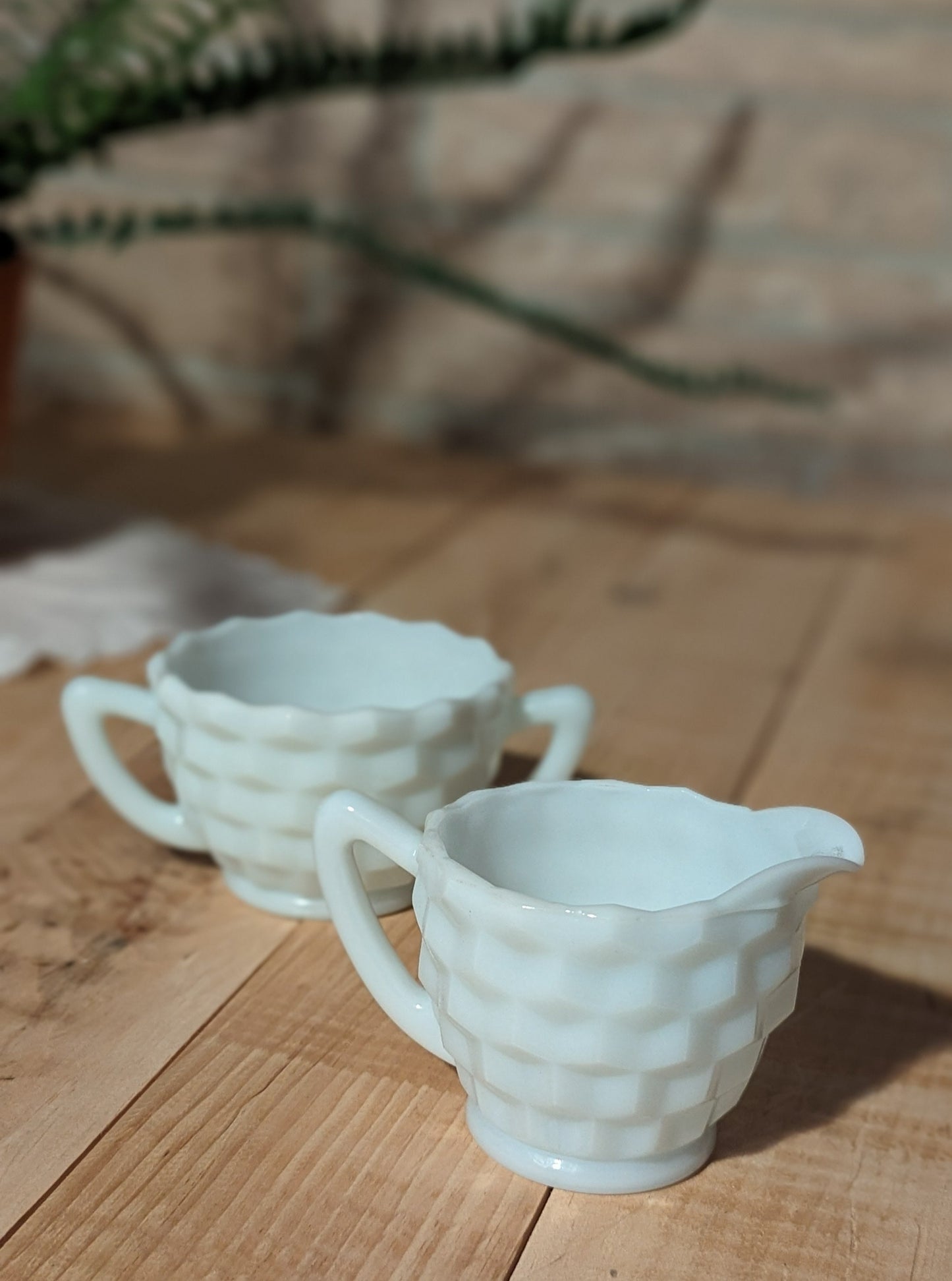 Vintage Geo Pattern Milk Glass Cream & Sugar Set